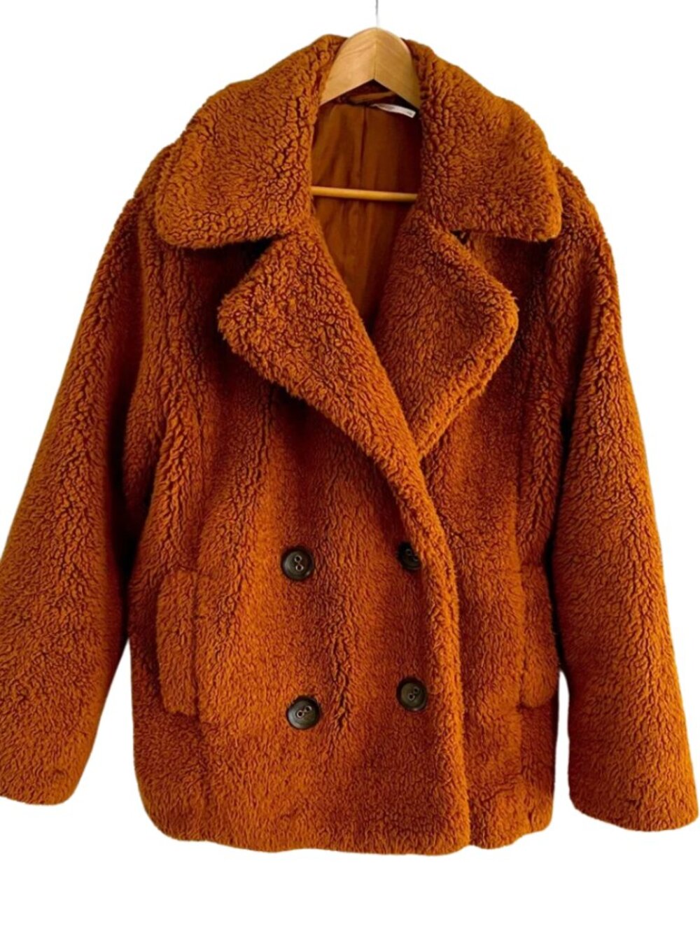 Free People Teddy Coat Brown Oversized Double Breasted Sherpa Jacket Medium - Picture 3 of 6